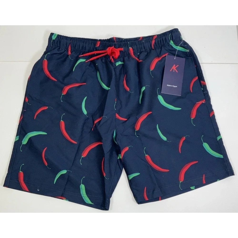 NWT Men's AK Quality Wear Lined Swim Trunks Navy Green & Red Chili Peppers - M